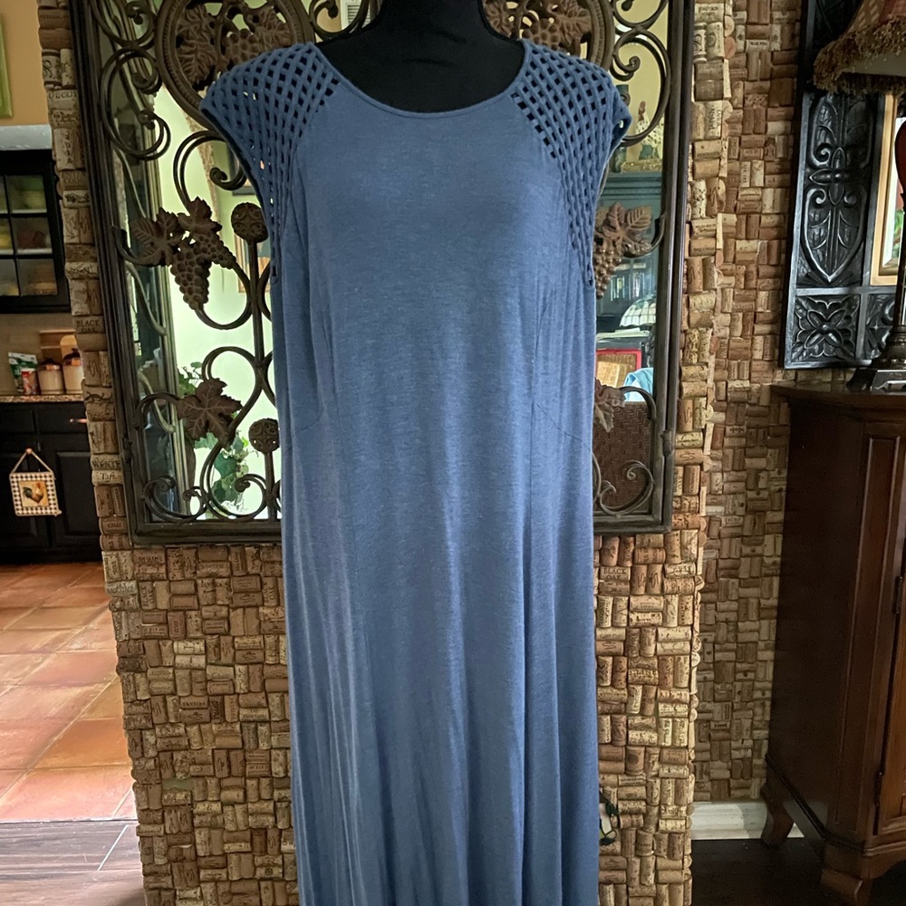 Unique Chicos Cotton Knit Denim Blue Maxi Dress w Crocheted Shoulders 3 (1X)